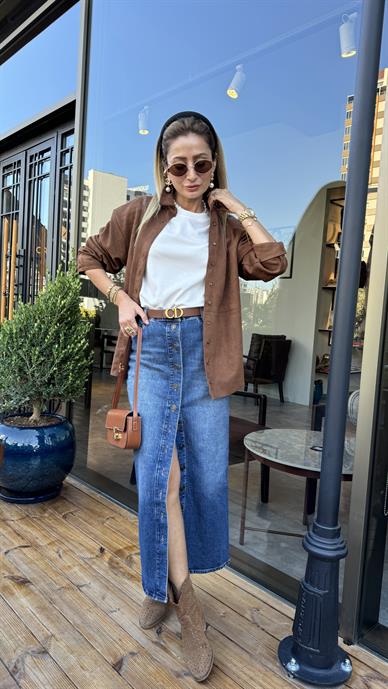 Yırtmaçlı Önden Düğmeli Uzun Denim Etek