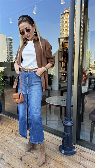 Yırtmaçlı Önden Düğmeli Uzun Denim Etek