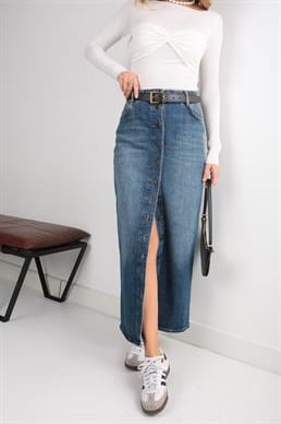 Yırtmaçlı Önden Düğmeli Uzun Denim Etek