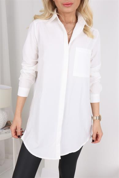 Yırtmaçlı Tek Cepli Ekru Oversize Gömlek