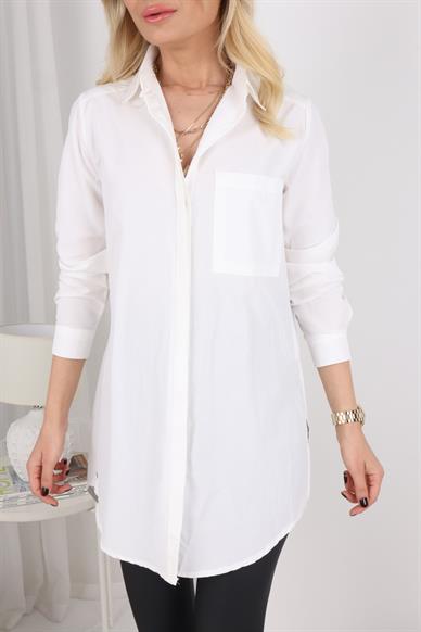 Yırtmaçlı Tek Cepli Ekru Oversize Gömlek