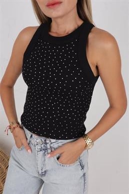 Yüzücü Kol Dağınık Taş İşli Siyah Atlet