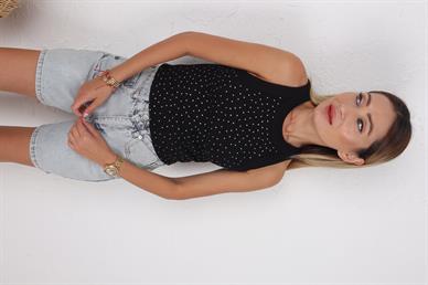 Yüzücü Kol Dağınık Taş İşli Siyah Atlet