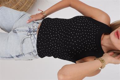 Yüzücü Kol Dağınık Taş İşli Siyah Atlet