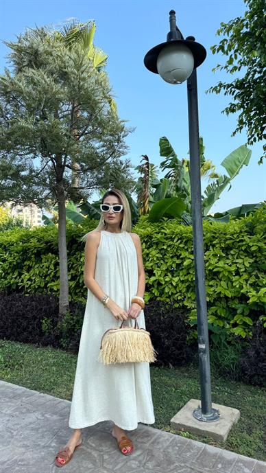 Yüzücü Kol Naturel Keten Elbise