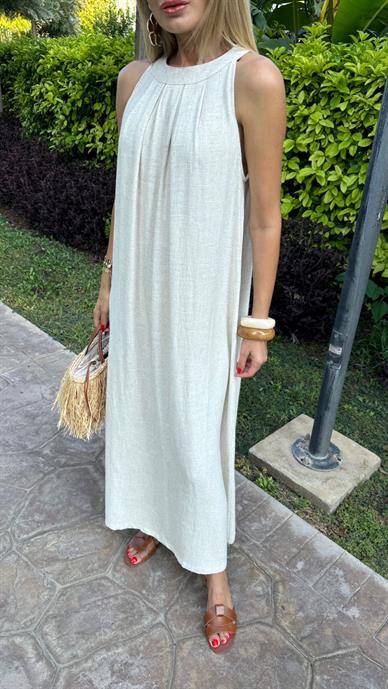 Yüzücü Kol Naturel Keten Elbise
