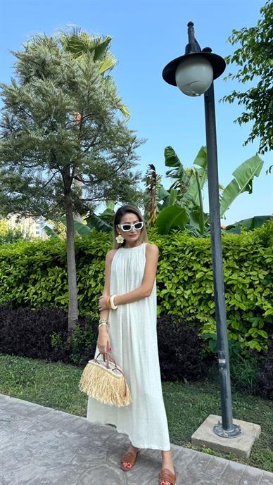 Yüzücü Kol Naturel Keten Elbise