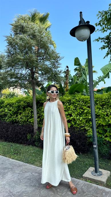 Yüzücü Kol Naturel Keten Elbise