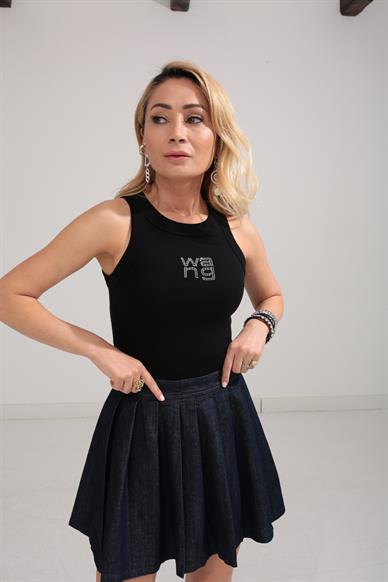 Yüzücü Kol Taş Baskılı Siyah Fitilli Atlet