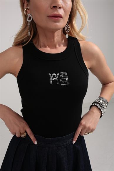 Yüzücü Kol Taş Baskılı Siyah Fitilli Atlet