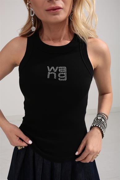 Yüzücü Kol Taş Baskılı Siyah Fitilli Atlet