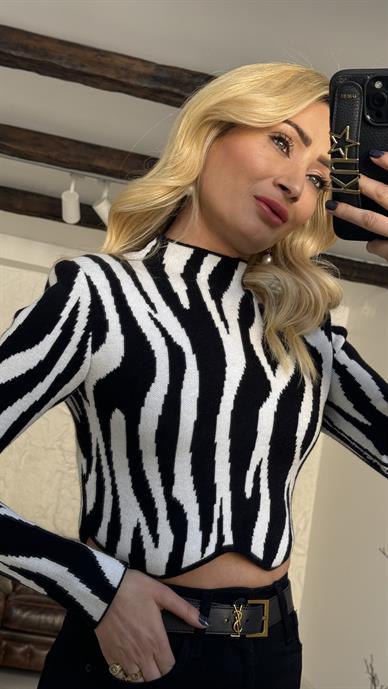 Zebra Desen Dik Yaka Triko Kazak