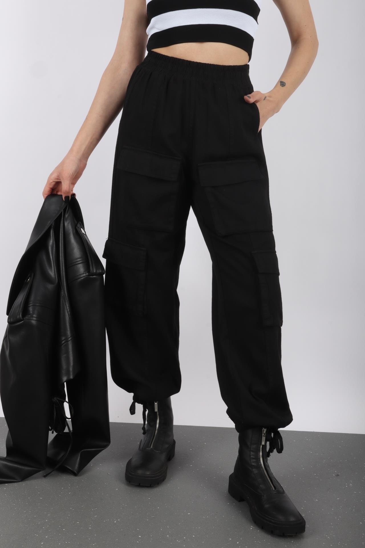 Paçası Bağcıklı Siyah Kargo Pantolon - No 33 Butik
