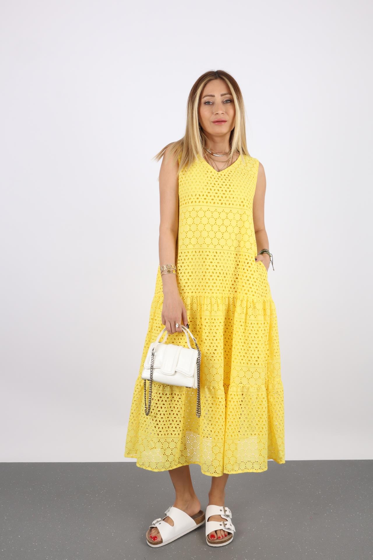 V Yaka Kolsuz Sarı Fisto Elbise - No 33 Butik