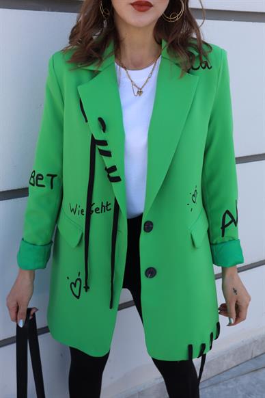 İp Detay Yazı Baskılı Neon Yeşil Blazer Ceket