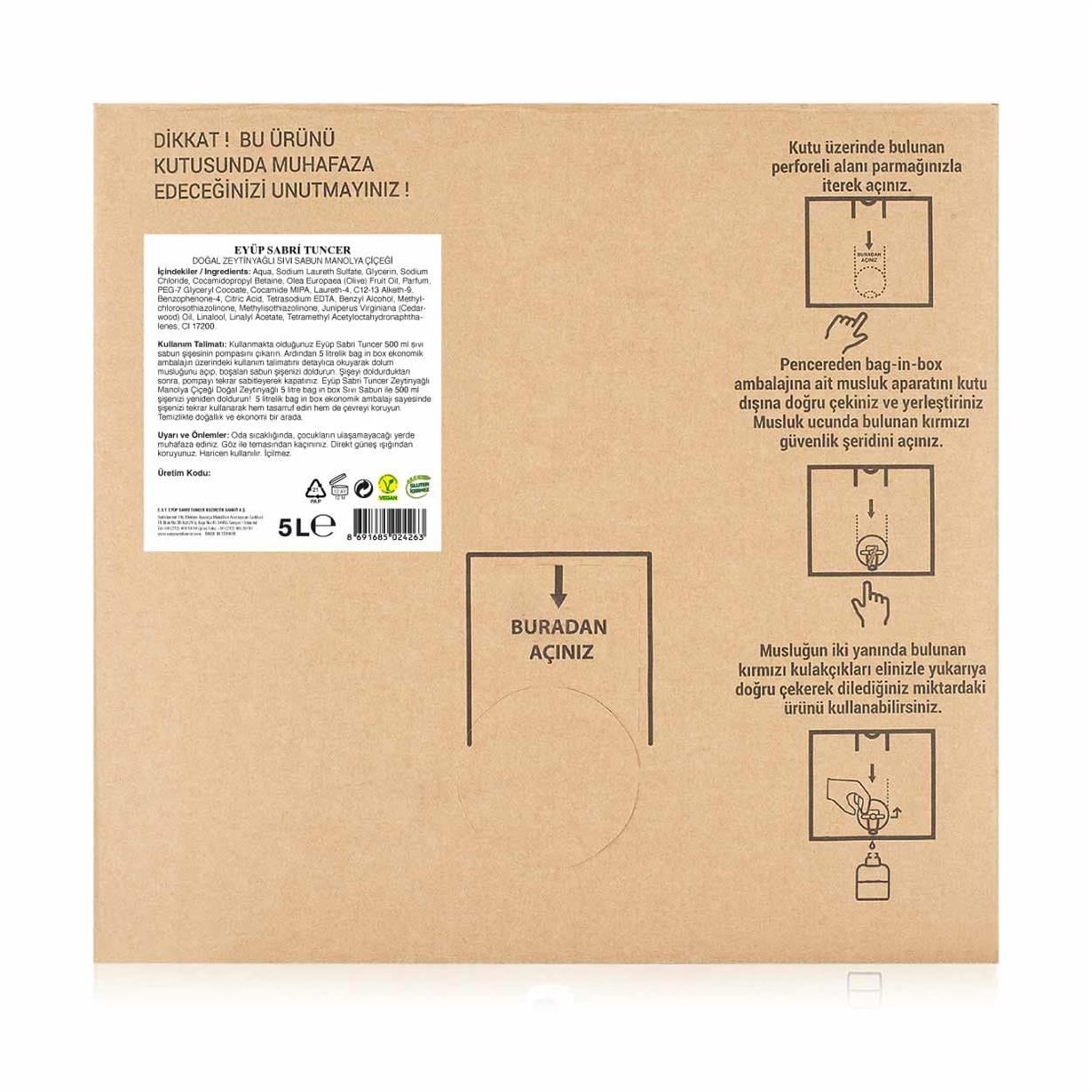 DOĞAL ZEYTİNYAĞLI SIVI SABUN MANOLYA ÇİÇEĞİ 5 LT BAG IN BOX ENDÜSTRİYEL