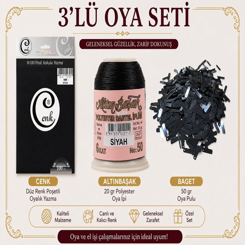 Cenk Düz Renk Poşetli Yazma Siyah-Altınbaşak 20gr Polyester İpi-50gr Baget Oya Pulu