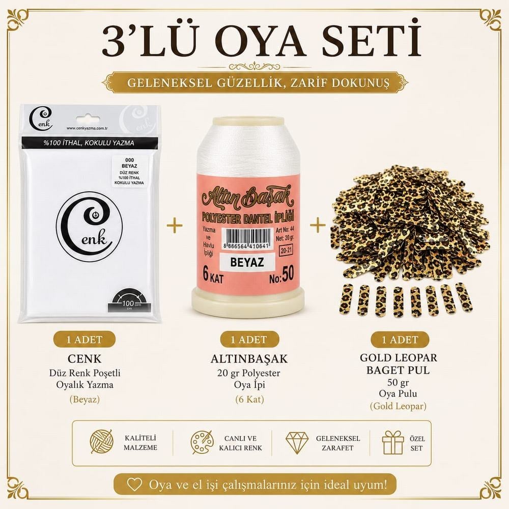 Cenk Düz Renk Poşetli Yazma Beyaz-Altınbaşak 20gr Polyester İpi-50gr Baget Oya Pulu