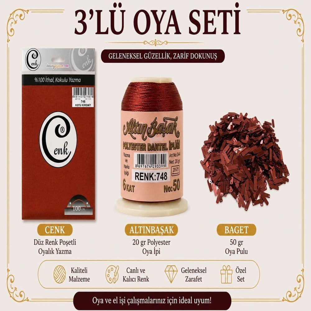 Cenk Düz Renk Poşetli Yazma Koyu Kiremit-Altınbaşak 20gr Polyester İpi-50gr Baget Oya Pulu