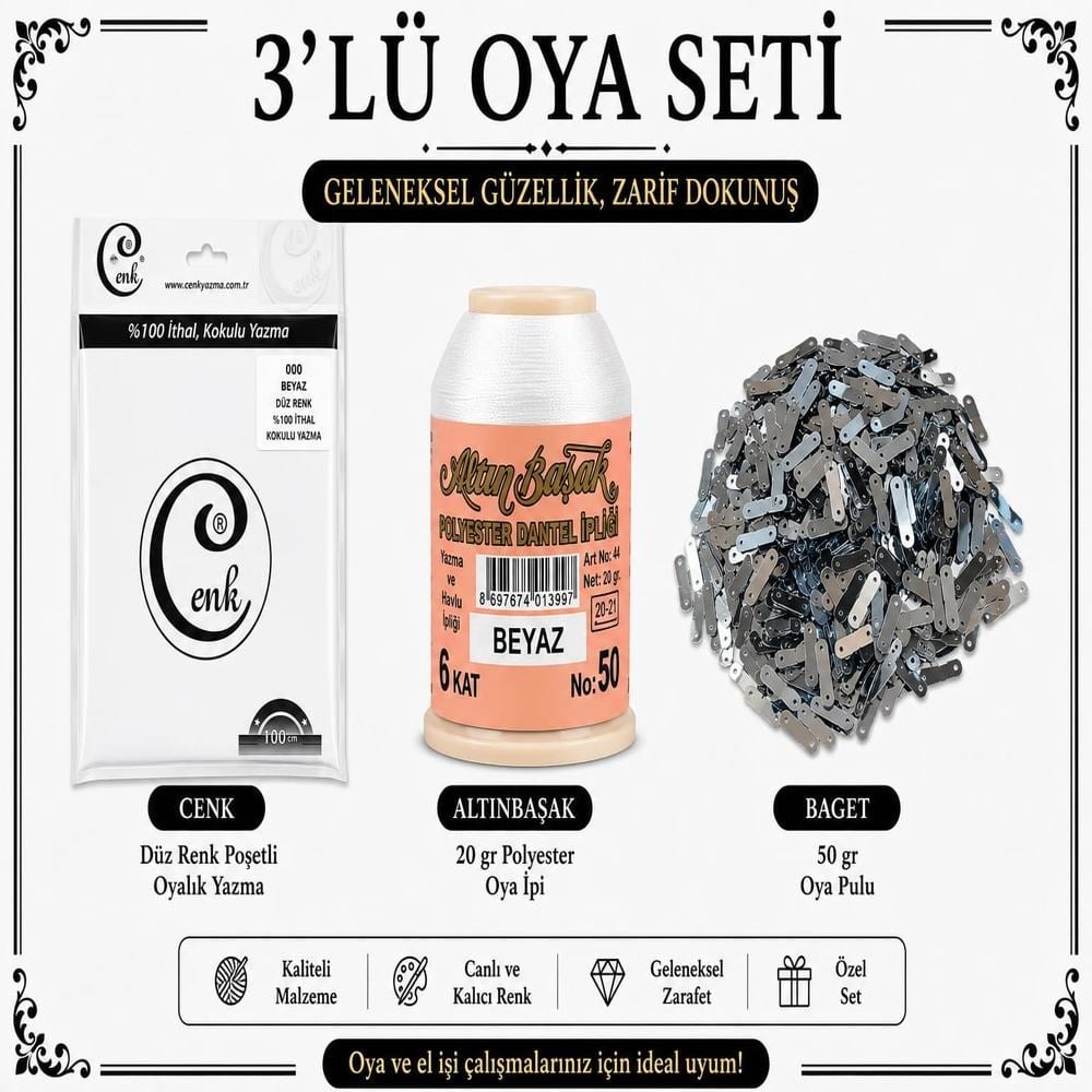 Cenk Düz Renk Poşetli Yazma Beyaz-Altınbaşak 20gr Polyester İpi-50gr Baget Oya Pulu