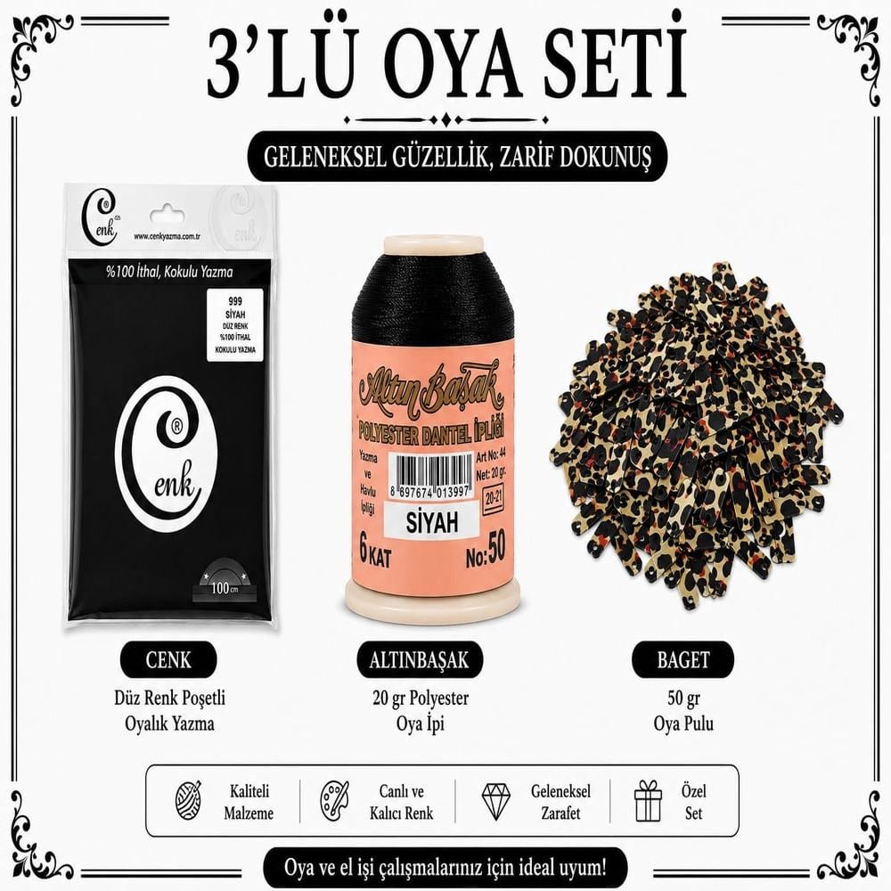 Cenk Düz Renk Poşetli Yazma Siyah-Altınbaşak 20gr Polyester İpi-50gr Baget Oya Pulu