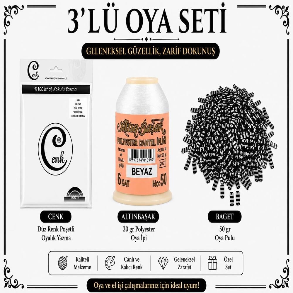 Cenk Düz Renk Poşetli Yazma Beyaz-Altınbaşak 20gr Polyester İpi-50gr Baget Oya Pulu