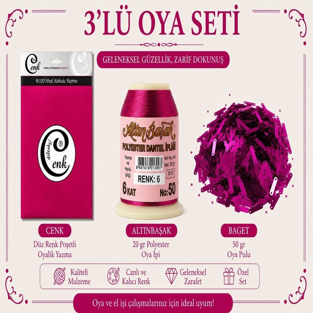 Cenk Düz Renk Poşetli Yazma Fuşya-Altınbaşak 20gr Polyester İpi-50gr Baget Oya Pulu