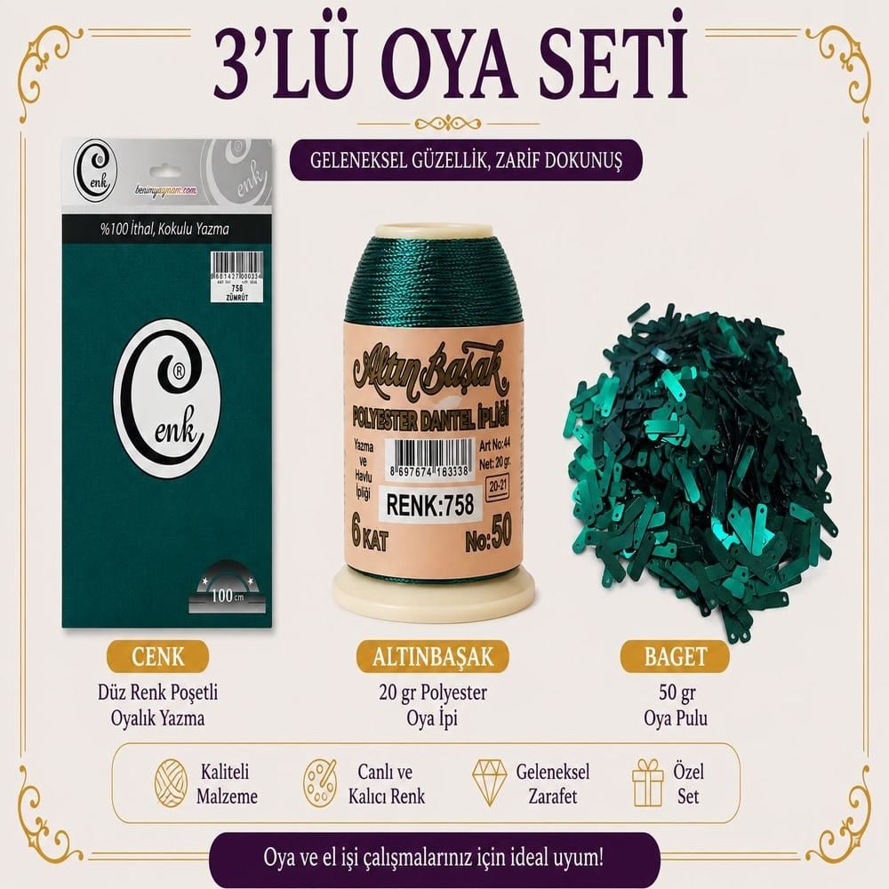 Cenk Düz Renk Poşetli Yazma Zümrüt-Altınbaşak 20gr Polyester İpi-50gr Baget Oya Pulu