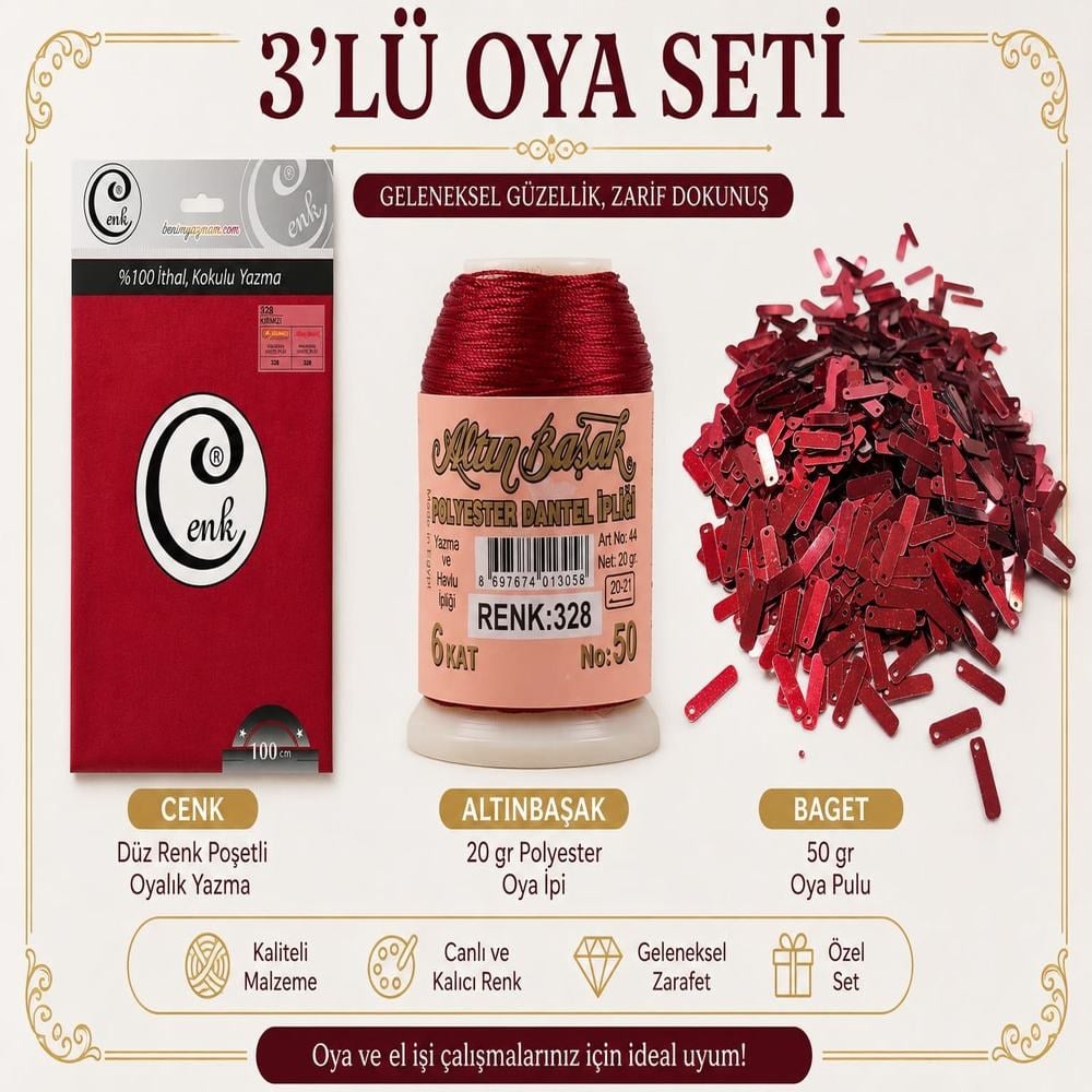 Cenk Düz Renk Poşetli Yazma Kırmızı-Altınbaşak 20gr Polyester İpi-50gr Baget Oya Pulu