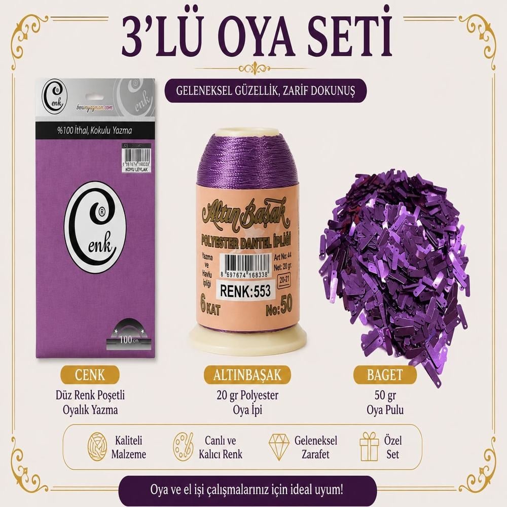Cenk Düz Renk Poşetli Yazma Koyu Leylak-Altınbaşak 20gr Polyester İpi-50gr Baget Oya Pulu