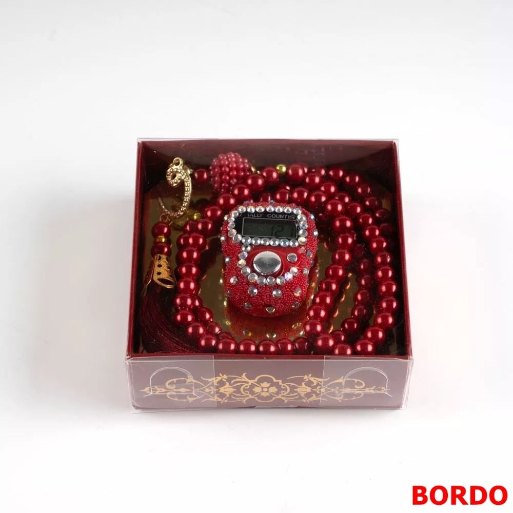 2'li Taşlı Zikirmatik Tesbih Hediye Seti (Bordo)