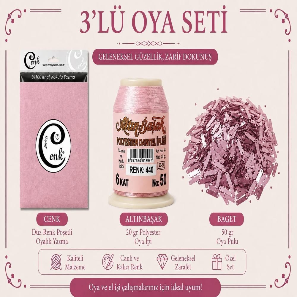 Cenk Düz Renk Poşetli Yazma Pudra-Altınbaşak 20gr Polyester İpi-50gr Baget Oya Pulu