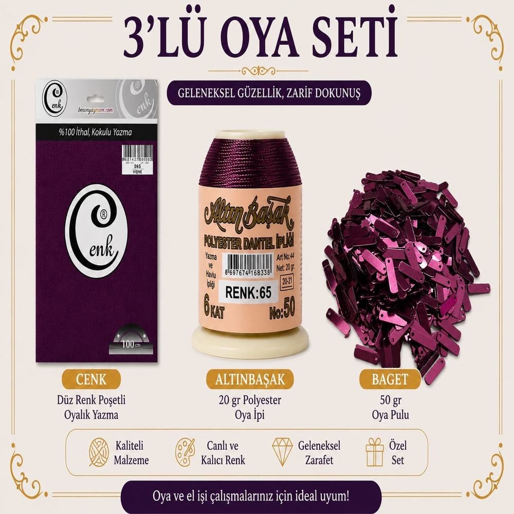 Cenk Düz Renk Poşetli Yazma Vişne-Altınbaşak 20gr Polyester İpi-50gr Baget Oya Pulu
