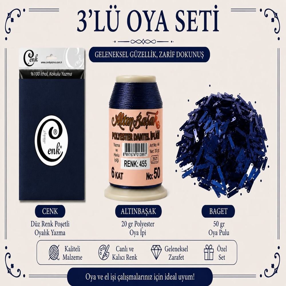 Cenk Düz Renk Poşetli Yazma Lacivert-Altınbaşak 20gr Polyester İpi-50gr Baget Oya Pulu