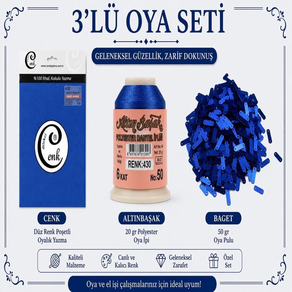 Cenk Düz Renk Poşetli Yazma Saks Mavisi-Altınbaşak 20gr Polyester İpi-50gr Baget Oya Pulu