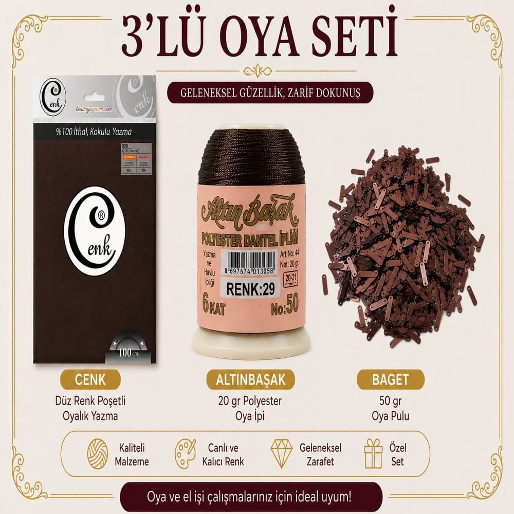 Cenk Düz Renk Poşetli Yazma Kahverengi-Altınbaşak 20gr Polyester İpi-50gr Baget Oya Pulu
