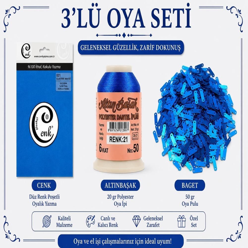 Cenk Düz Renk Poşetli Yazma Elektrik Mavisi-Altınbaşak 20gr Polyester İpi-50gr Baget Oya Pulu