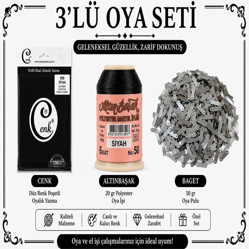 Cenk Düz Renk Poşetli Yazma Siyah-Altınbaşak 20gr Polyester İpi-50gr Baget Oya Pulu