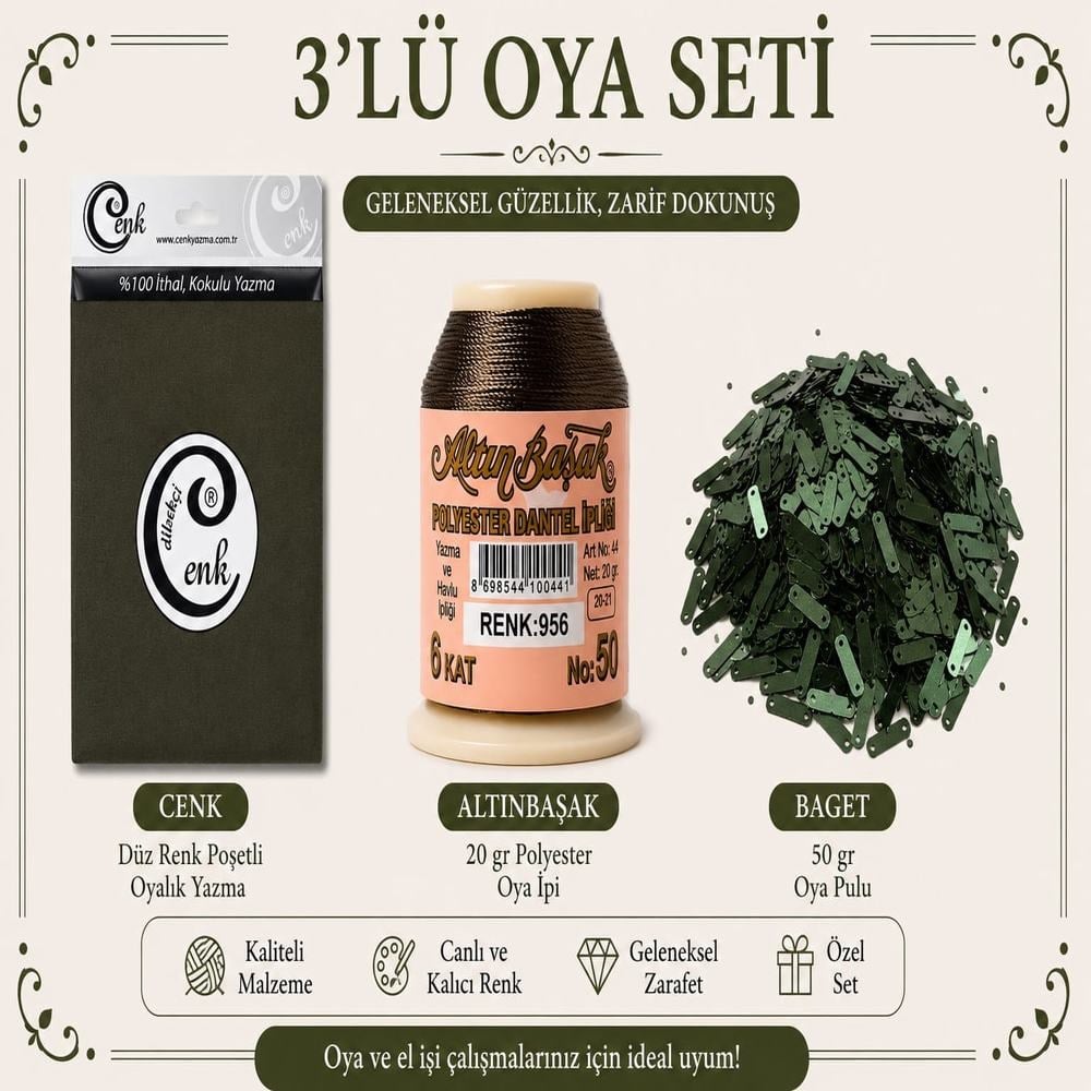 Cenk Düz Renk Poşetli Yazma Haki-Altınbaşak 20gr Polyester İpi-50gr Baget Oya Pulu
