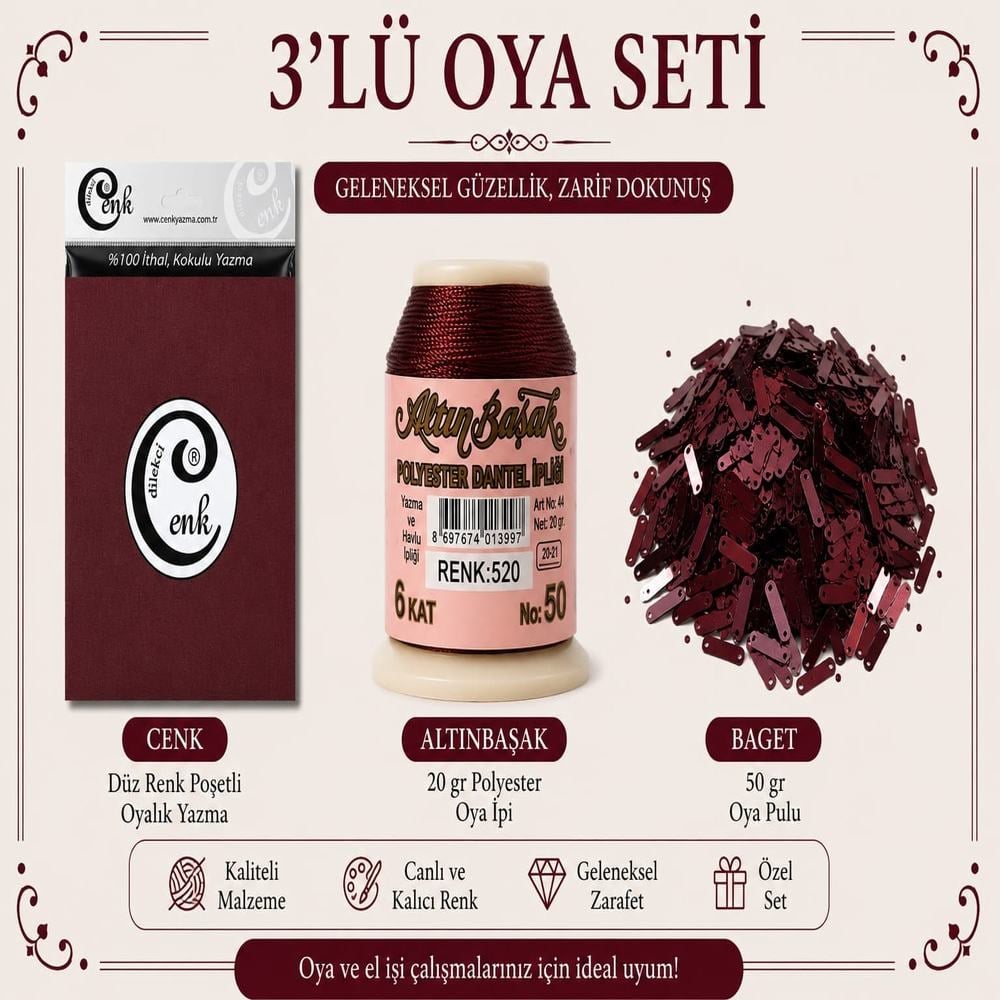 Cenk Düz Renk Poşetli Yazma Bordo-Altınbaşak 20gr Polyester İpi-50gr Baget Oya Pulu
