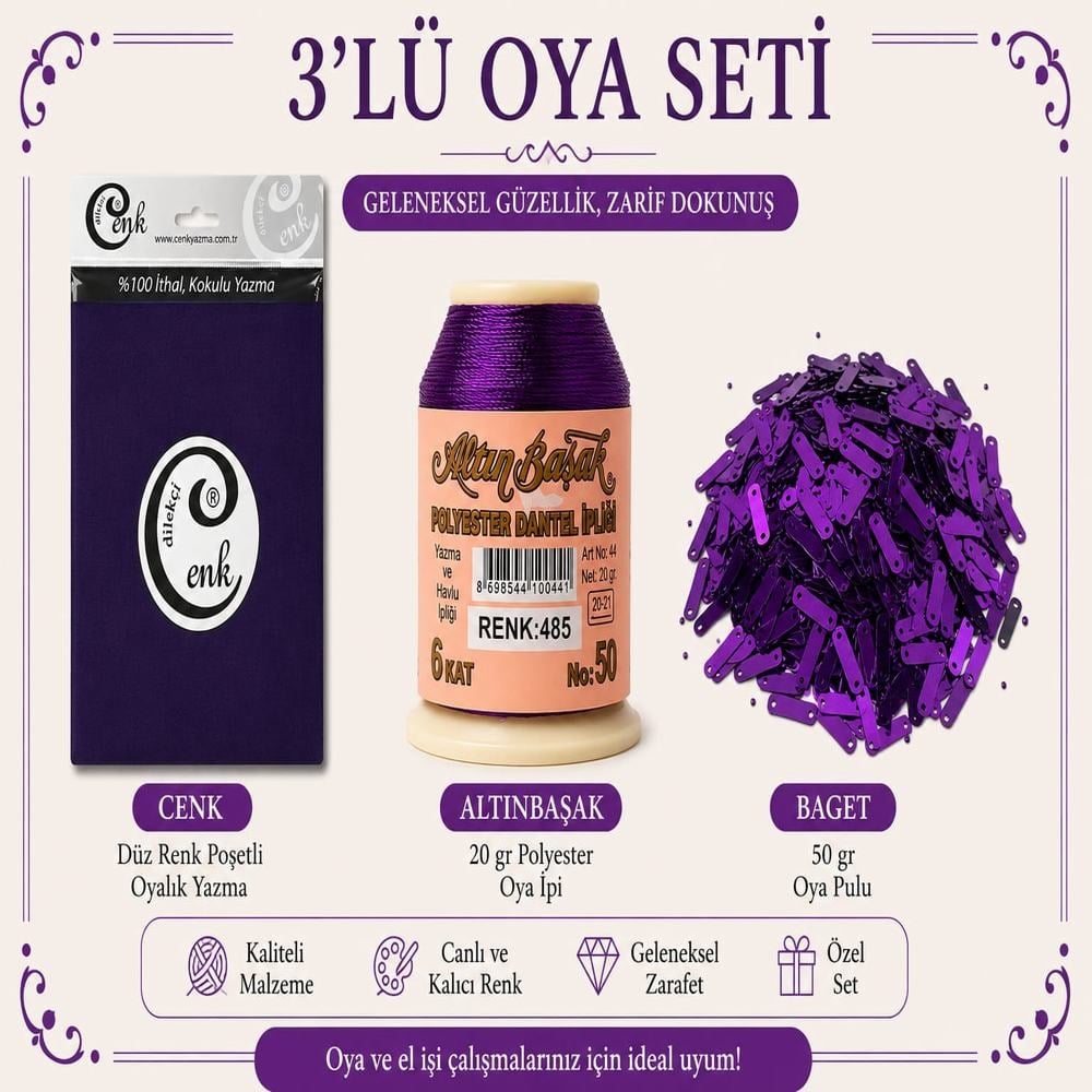 Cenk Düz Renk Poşetli Yazma Mor-Altınbaşak 20gr Polyester İpi-50gr Baget Oya Pulu