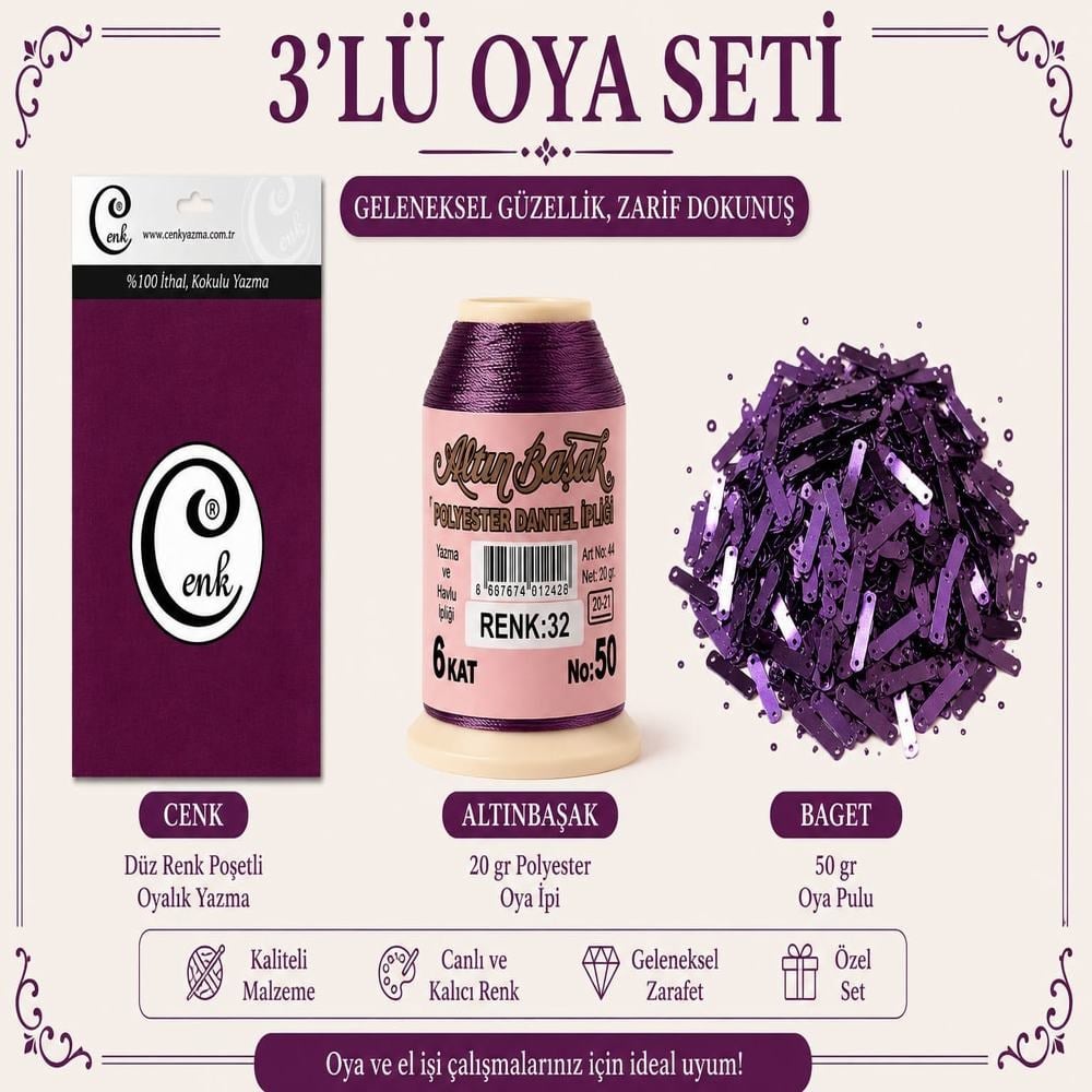 Cenk Düz Renk Poşetli Yazma Açık Mürdüm-Altınbaşak 20gr Polyester İpi-50gr Baget Oya Pulu