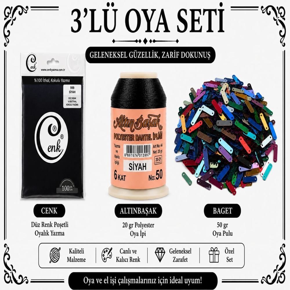 Cenk Düz Renk Poşetli Yazma Siyah-Altınbaşak 20gr Polyester İpi-50gr Baget Oya Pulu