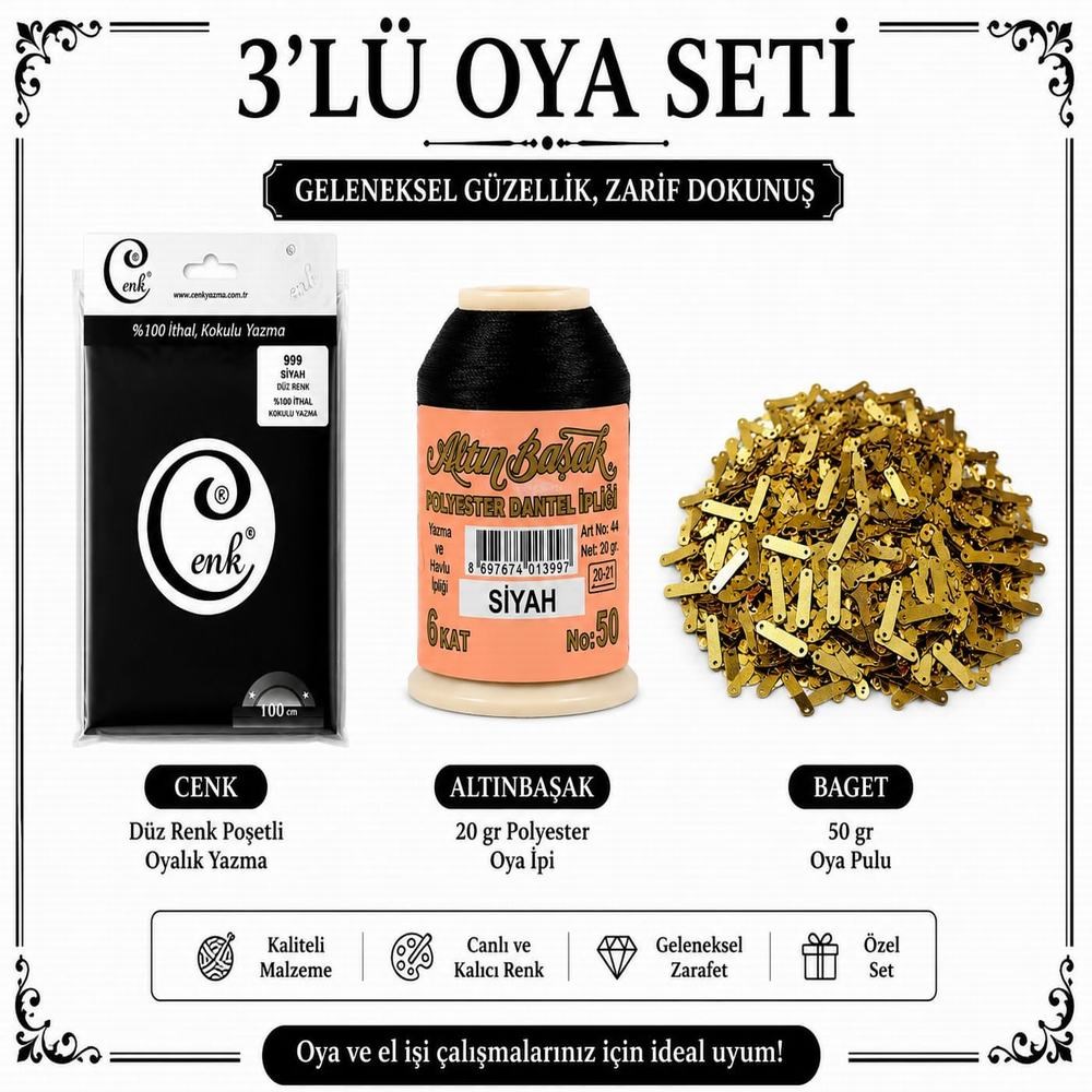 Cenk Düz Renk Poşetli Yazma Siyah-Altınbaşak 20gr Polyester İpi-50gr Baget Oya Pulu