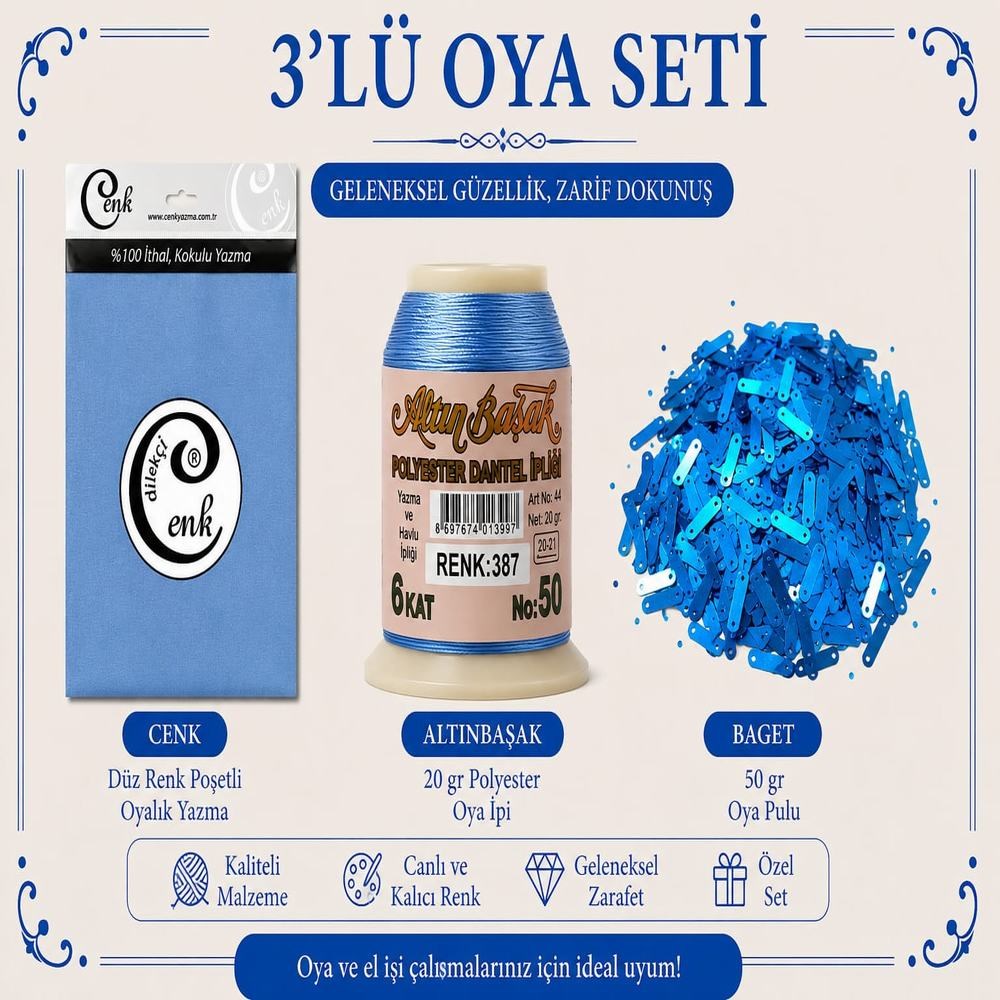 Cenk Düz Renk Poşetli Yazma Bebe Mavisi-Altınbaşak 20gr Polyester İpi-50gr Baget Oya Pulu