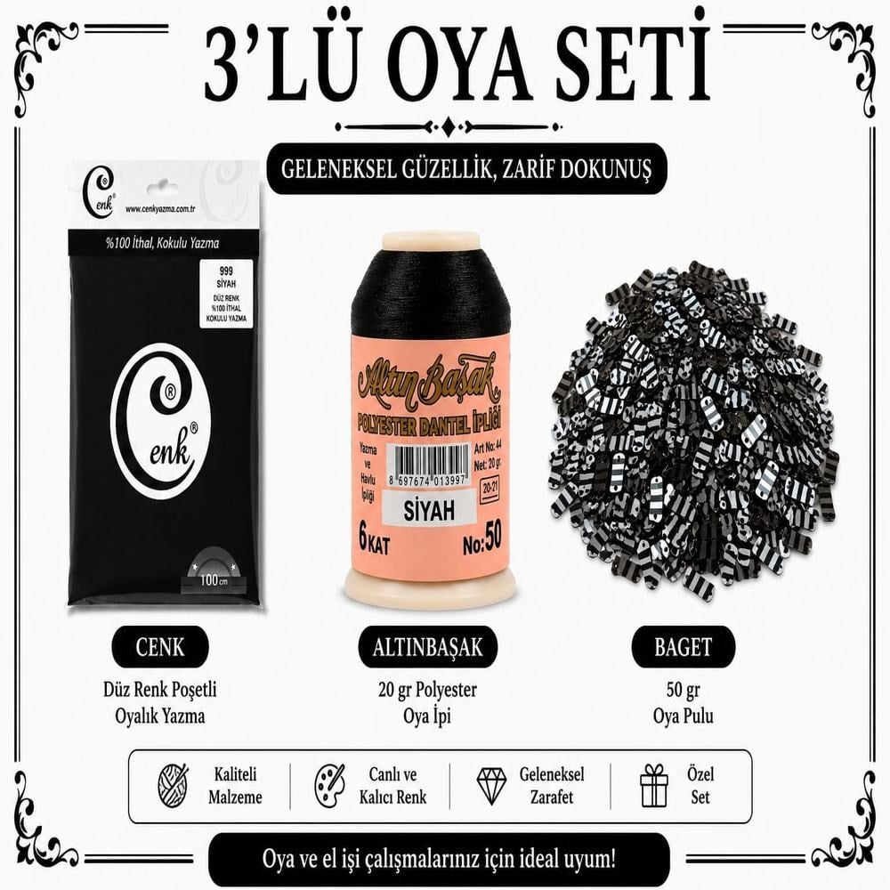 Cenk Düz Renk Poşetli Yazma Siyah-Altınbaşak 20gr Polyester İpi-50gr Baget Oya Pulu