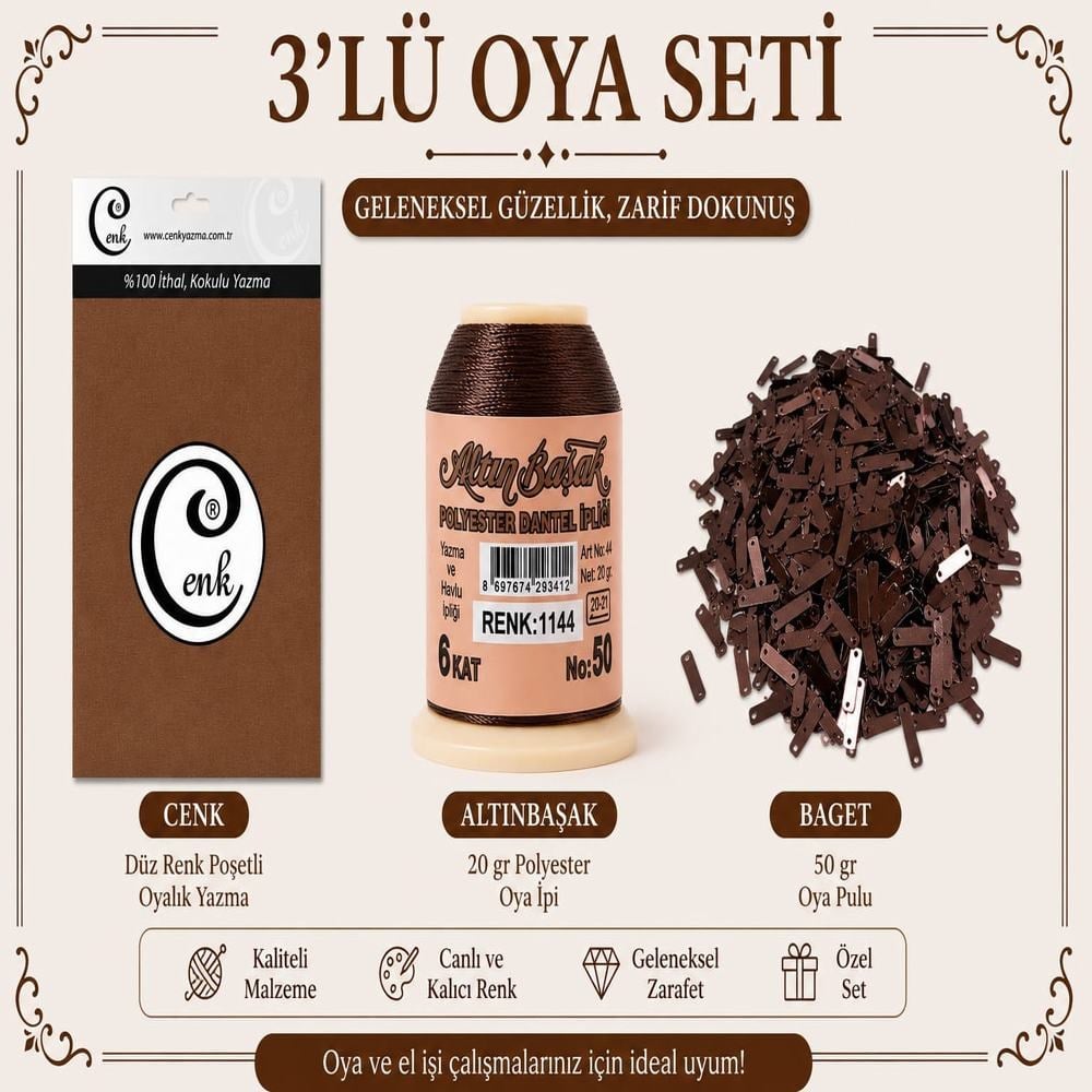 Cenk Düz Renk Poşetli Yazma Karamel-Altınbaşak 20gr Polyester İpi-50gr Baget Oya Pulu