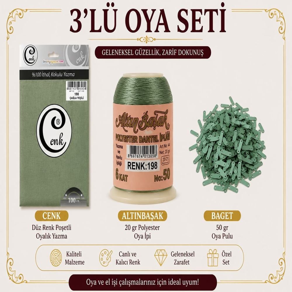 Cenk Düz Renk Poşetli Yazma Çağla Yeşili-Altınbaşak 20gr Polyester İpi-50gr Baget Oya Pulu