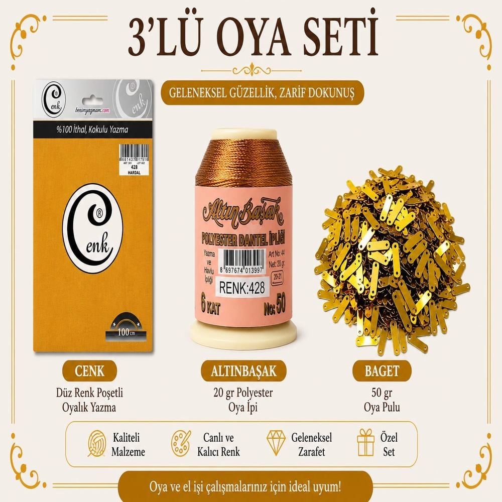 Cenk Düz Renk Poşetli Yazma Hardal Sarısı-Altınbaşak 20gr Polyester İpi-50gr Baget Oya Pulu