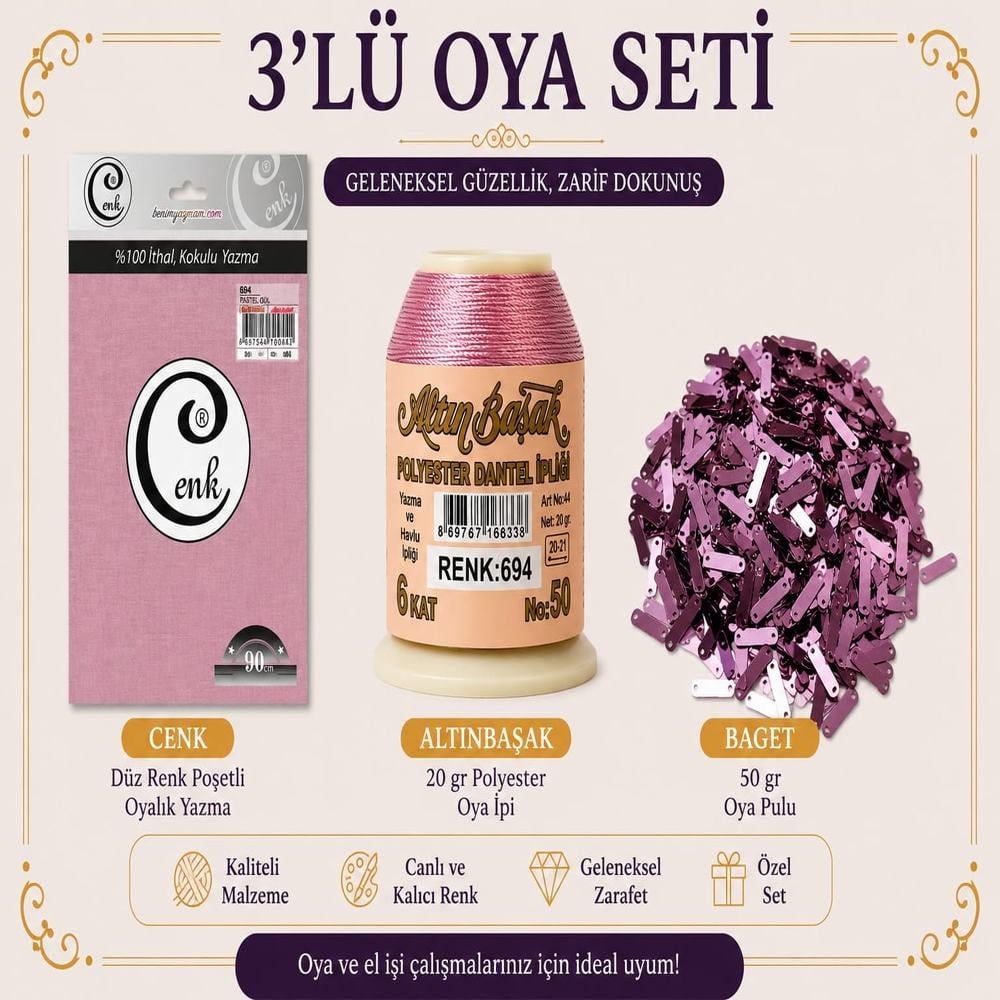Cenk Düz Renk Poşetli Yazma Pastel Gül-Altınbaşak 20gr Polyester İpi-50gr Baget Oya Pulu